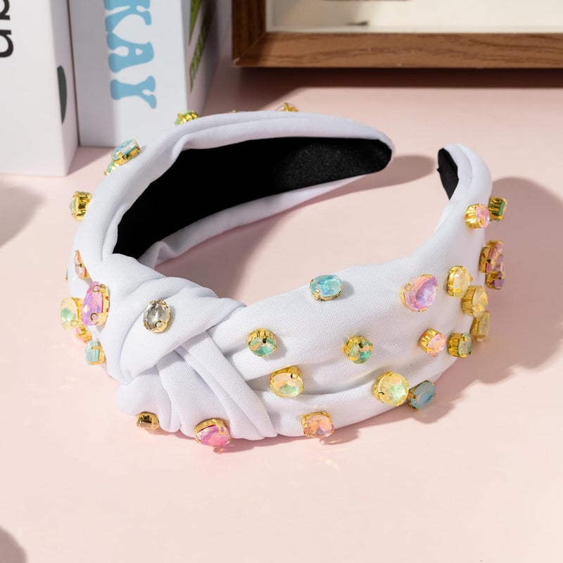 PANTIDE Easter Jeweled Knotted Headband - Colorful Rhinestone Crystal Embellished Headband Non Slip Wide Top Knot Costume Hairband Hair Accessories Spring Party Birthday Gift for Women Girls (White) - Image 4
